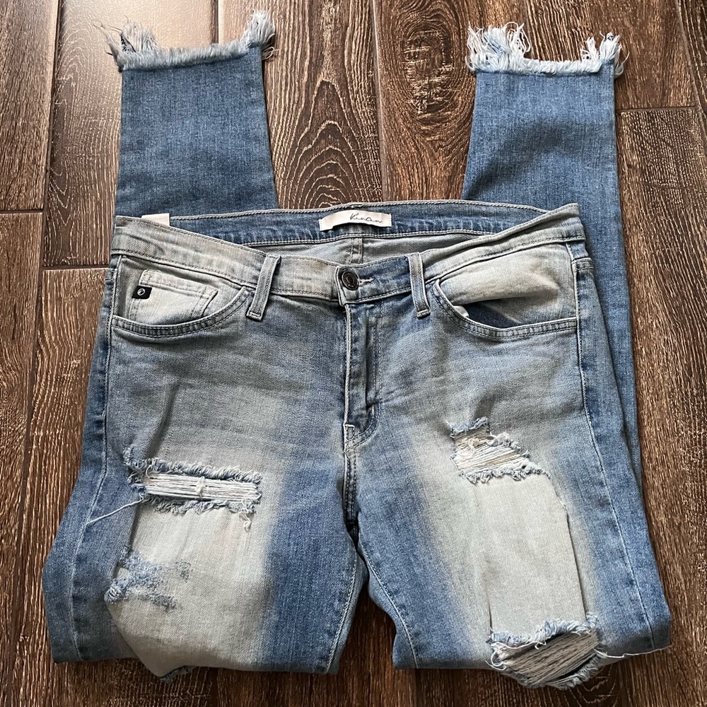 Kancan patched raw hem distressed medium light wash jean